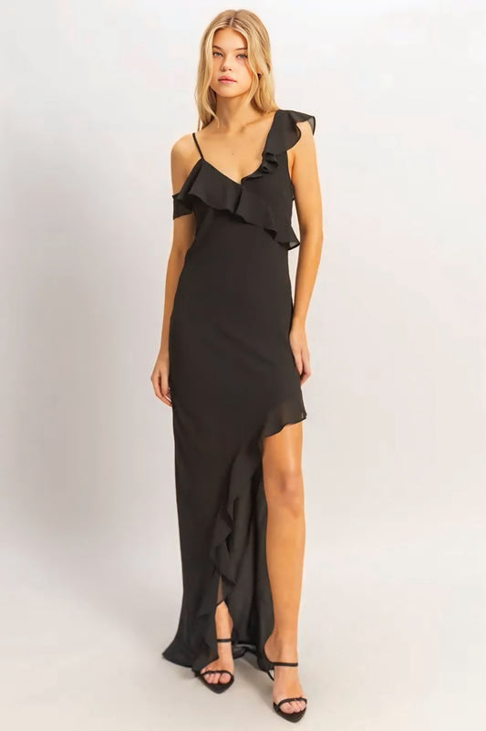 Chiffon Ruffle Trim Midi Dress