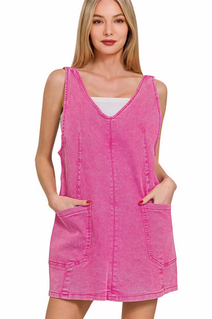 Hot Pink Washed Adjustable Strap Denim Overall Dress