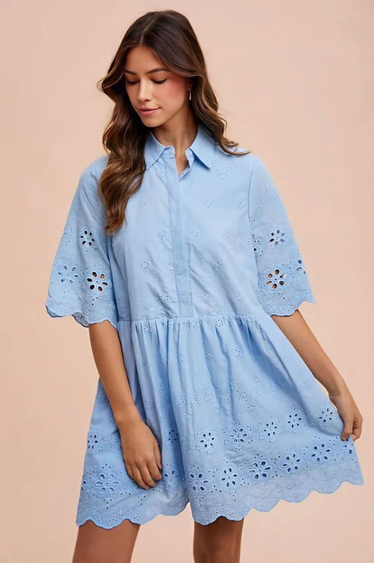 Embroidered Scallop Edge Detail Mini Shirt Dress