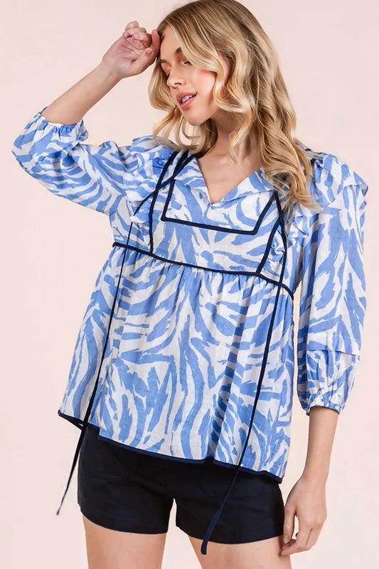 Graphic Print Solid Trim Quarter Sleeve Blouse