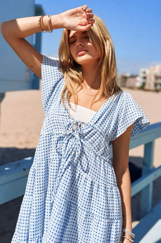 Jacquard V-Neck Flutter Cap Sleeve Tiered Dress