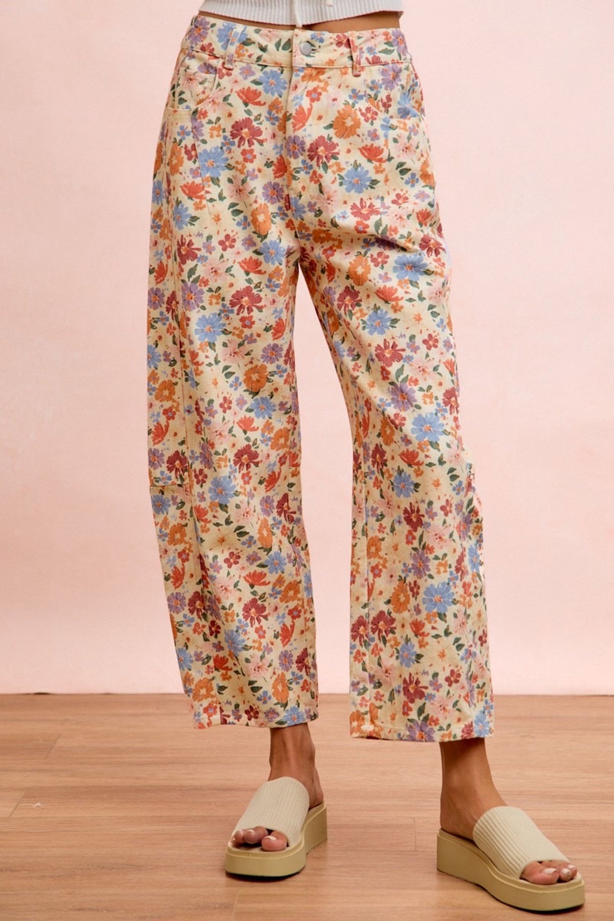 Floral Printed Twill Barrel Pants