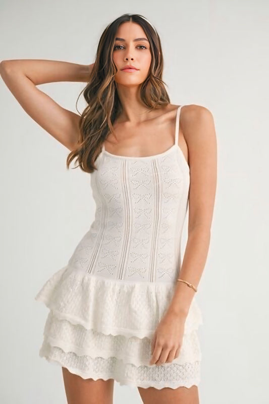 Bow Pointelle Knit Ruffle Mini Dress