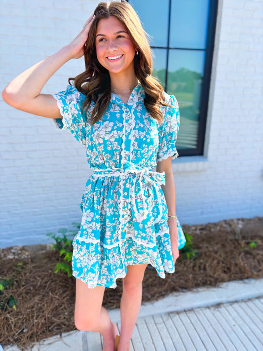 Sage Vintage Floral Scalloped Mini Dress