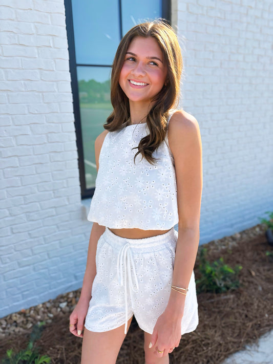 Eyelet Bubble Hem Sleeveless Top and Shorts Set - Off White