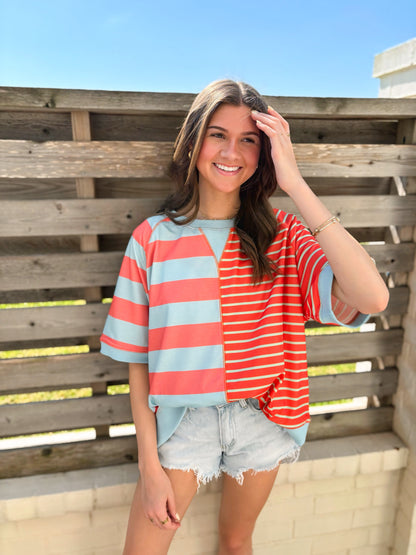 Striped Round Neck Half Sleeve French Terry Top