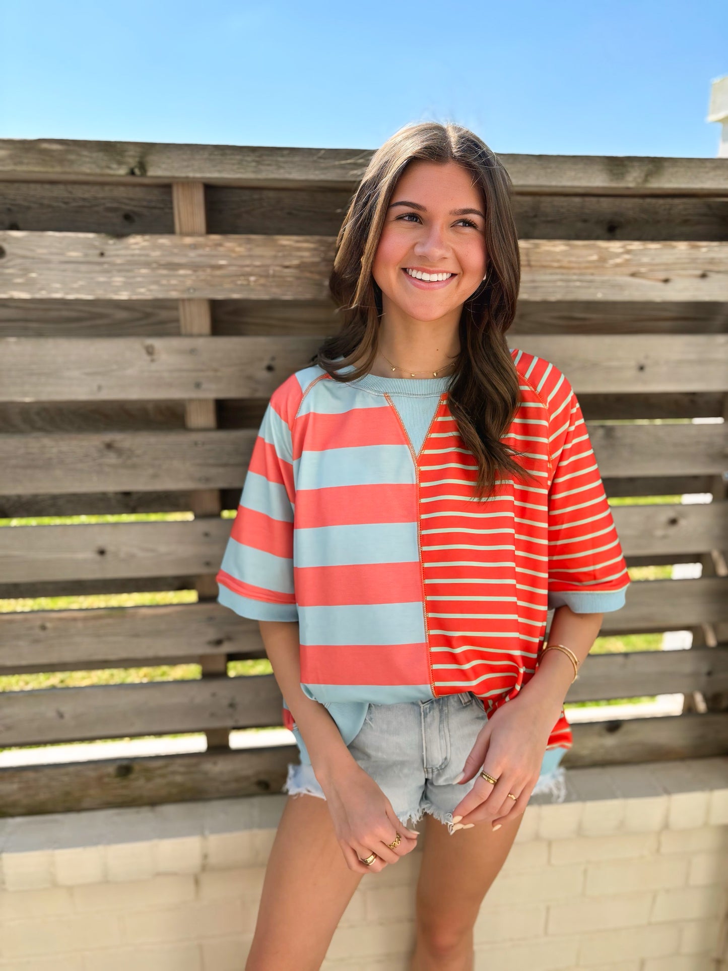 Striped Round Neck Half Sleeve French Terry Top