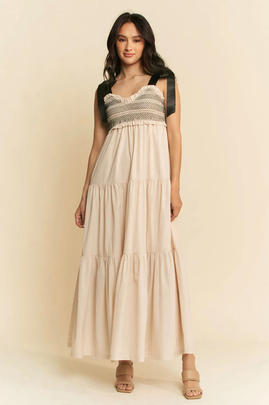 Multi Contrast Smocked Bodice Straps Maxi Dress