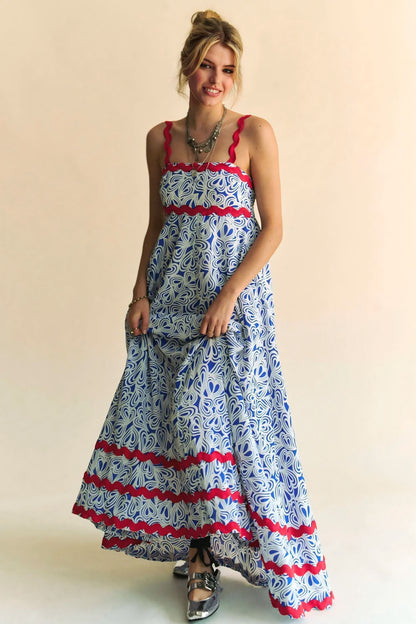 Printed Wavy Trim Tiered Maxi Dress