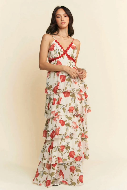 Rose Layered Ruffle Maxi Cami Dress