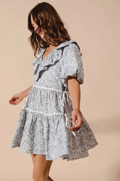 Cotton Printed Ruffle V Neckline Dress with Side Tie