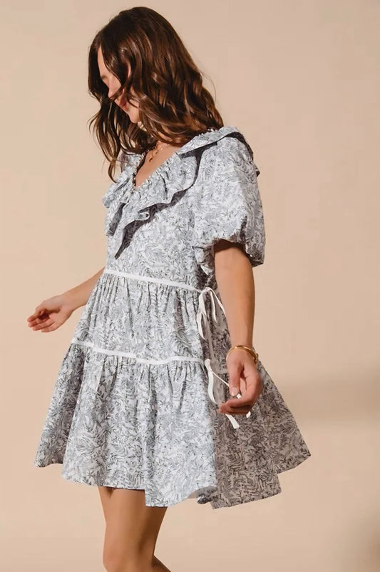 Cotton Printed Ruffle V Neckline Dress with Side Tie