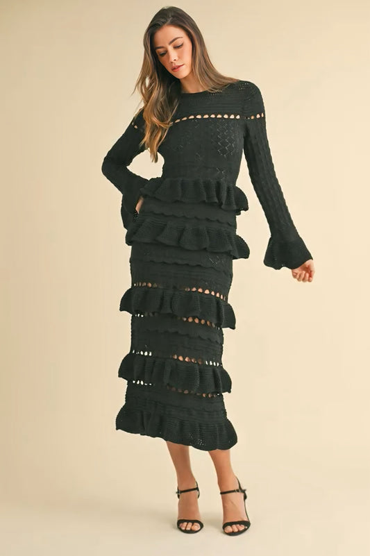 Long Sleeve Tiered Ruffle Knit Midi Dress