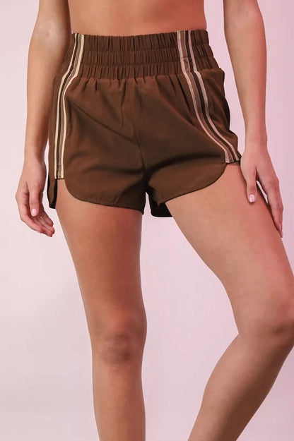 Striped Trim Detail Activewear Shorts - Mocha