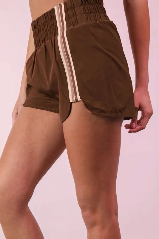 Striped Trim Detail Activewear Shorts - Mocha
