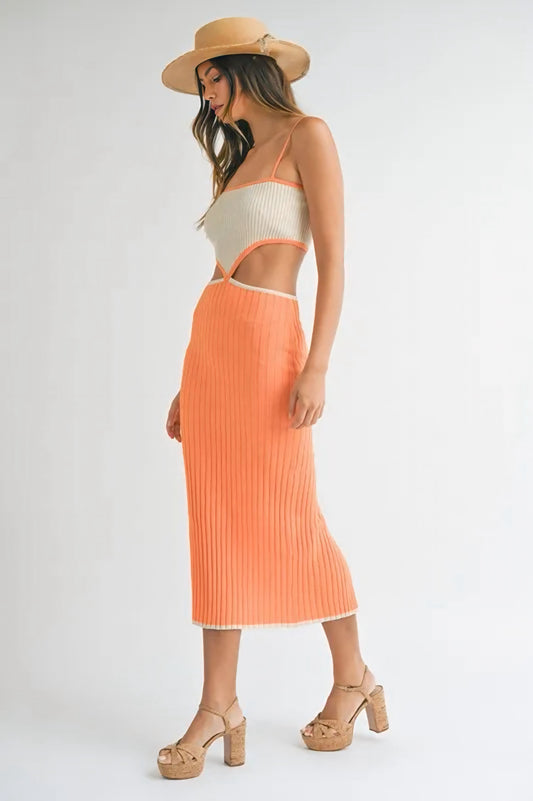Ribbed Knit Color Block Cutout Midi Dress - Orange