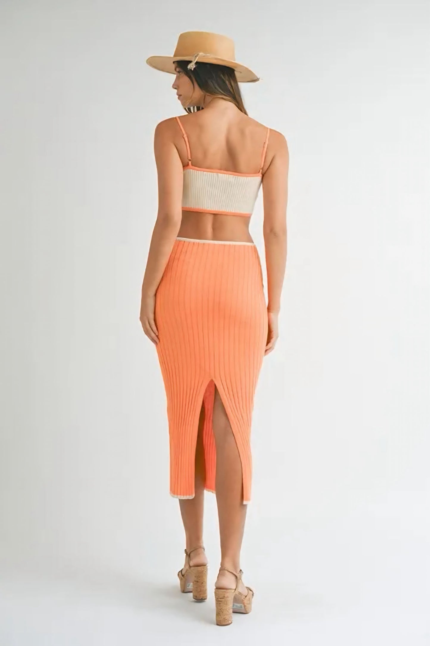 Ribbed Knit Color Block Cutout Midi Dress - Orange