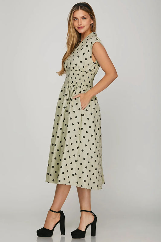 Front Zip Polka Dots Cap Sleeve Midi Dress - Sage
