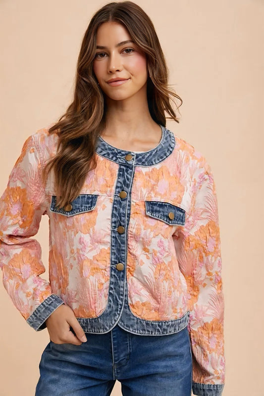 Floral Jacquard Denim Contrast Button Down Jacket