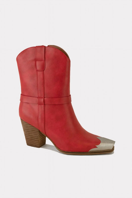 Faux Leather Metal Toe Ankle Boots - Red
