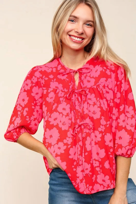 Ribbon Bow Floral Balloon Sleeve Blouse