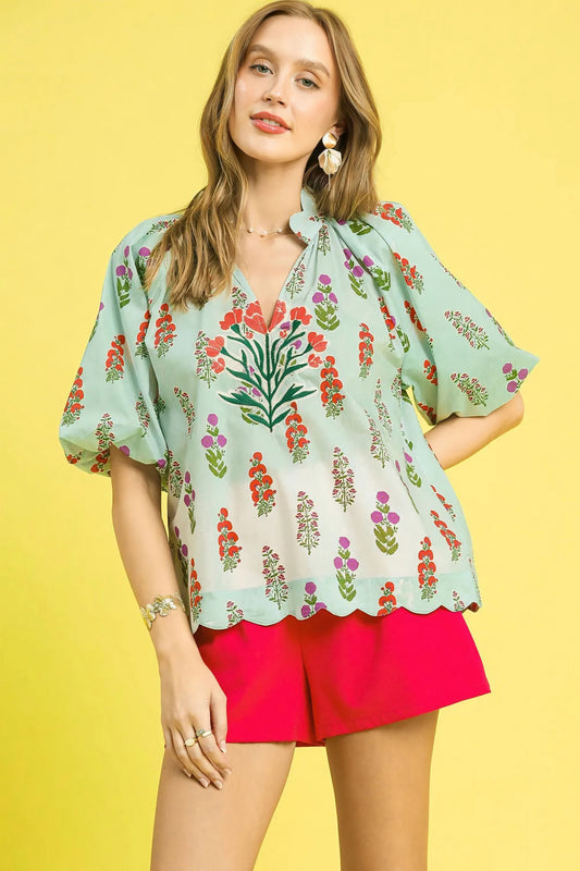 Floral Print Scalloped Hem Puff Sleeve Blouse