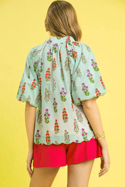 Floral Print Scalloped Hem Puff Sleeve Blouse