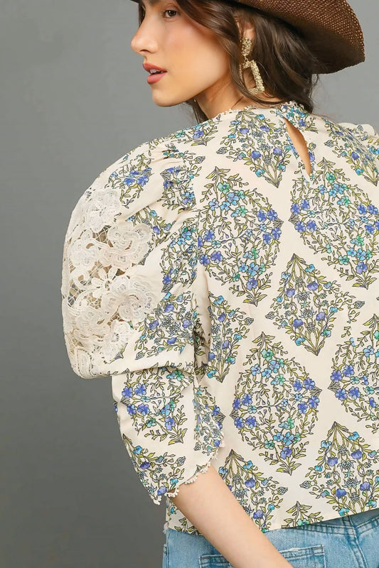 Printed Lace Puff Sleeve Blouse