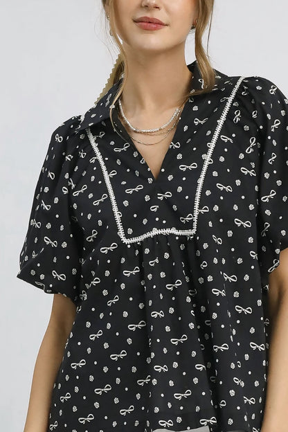 Bow Print Puff Sleeve Blouse