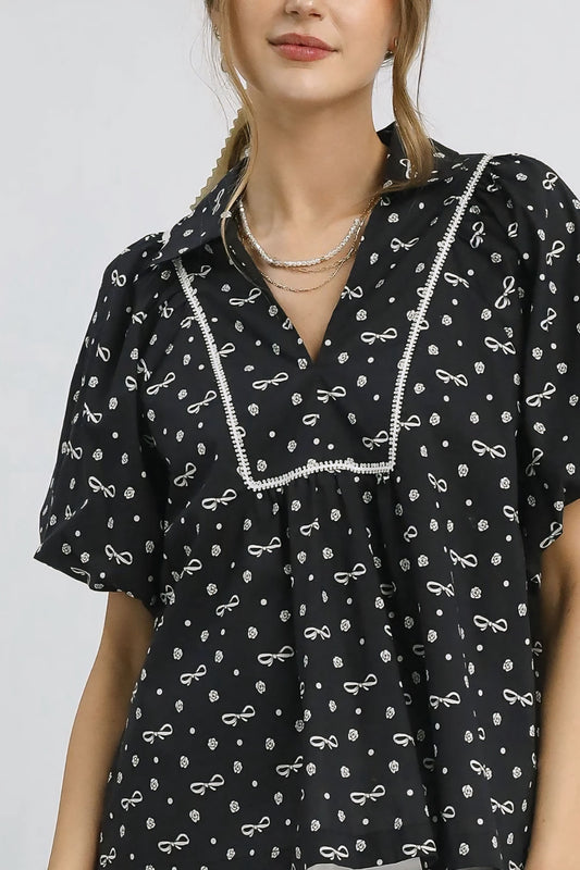 Bow Print Puff Sleeve Blouse