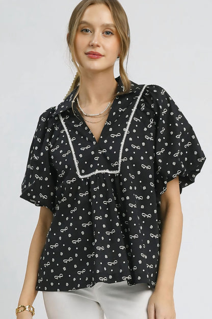 Bow Print Puff Sleeve Blouse