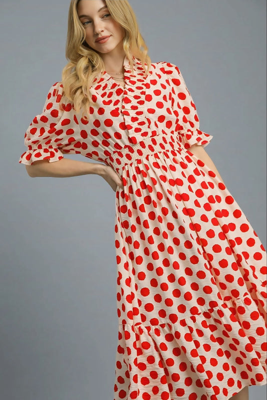Polka Dot Ruffled Smocked Waist Midi Dress