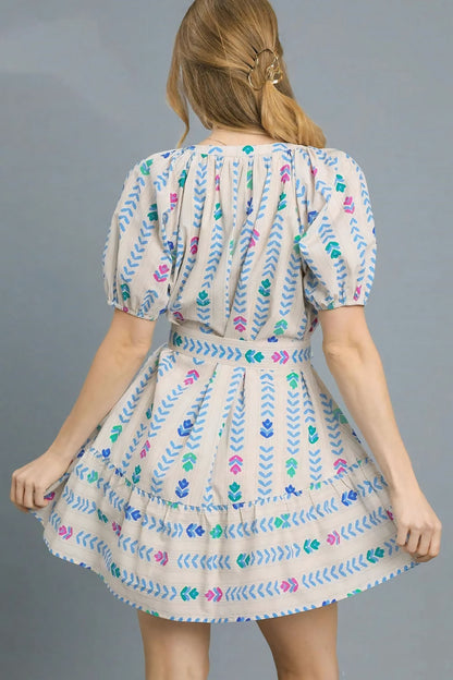 Printed Tie Waist Puff Short Sleeve Mini Dress