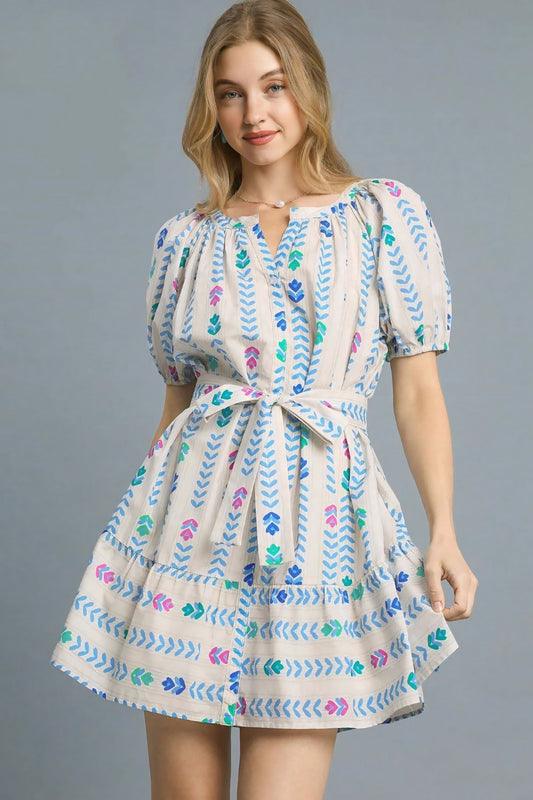 Printed Tie Waist Puff Short Sleeve Mini Dress