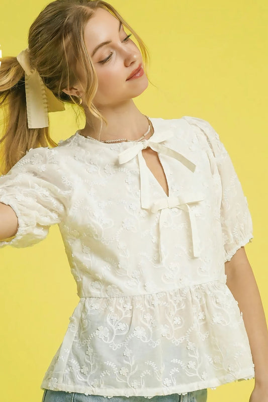 Embroidered Tie Front Peplum Blouse