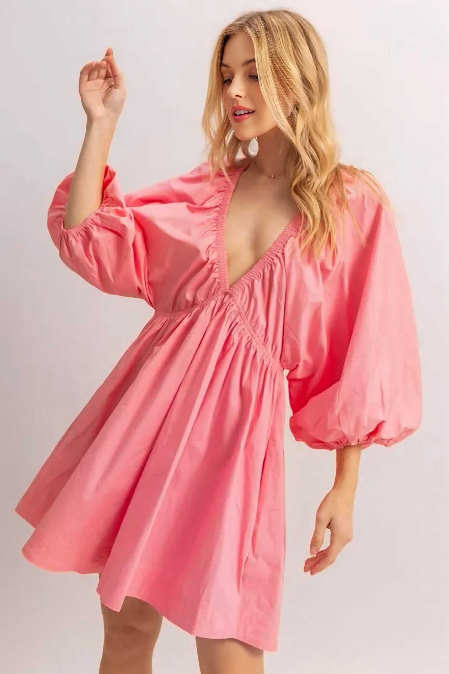 Plunge Balloon Sleeve Poplin Mini Dress with Pockets