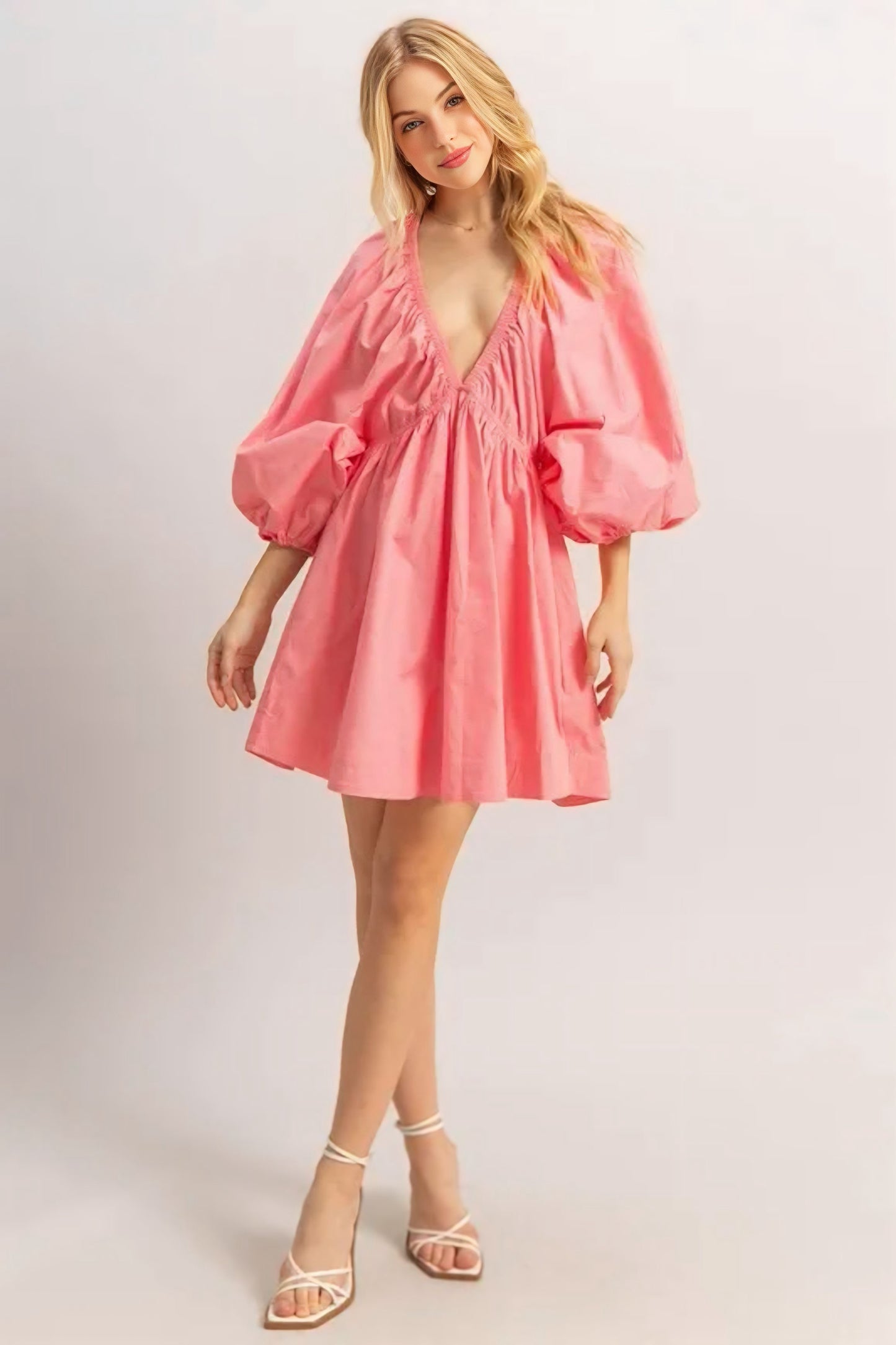 Plunge Balloon Sleeve Poplin Mini Dress with Pockets