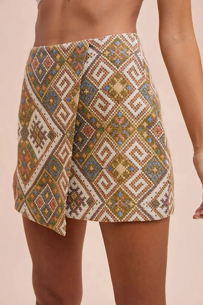 Aztec Woven Jacquard Wrap Mini Skirt