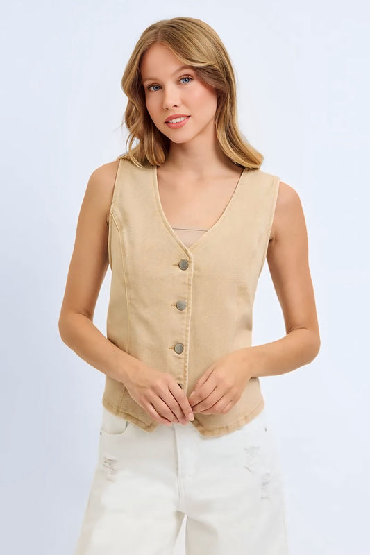 V Neck Button Down Vest - Latte