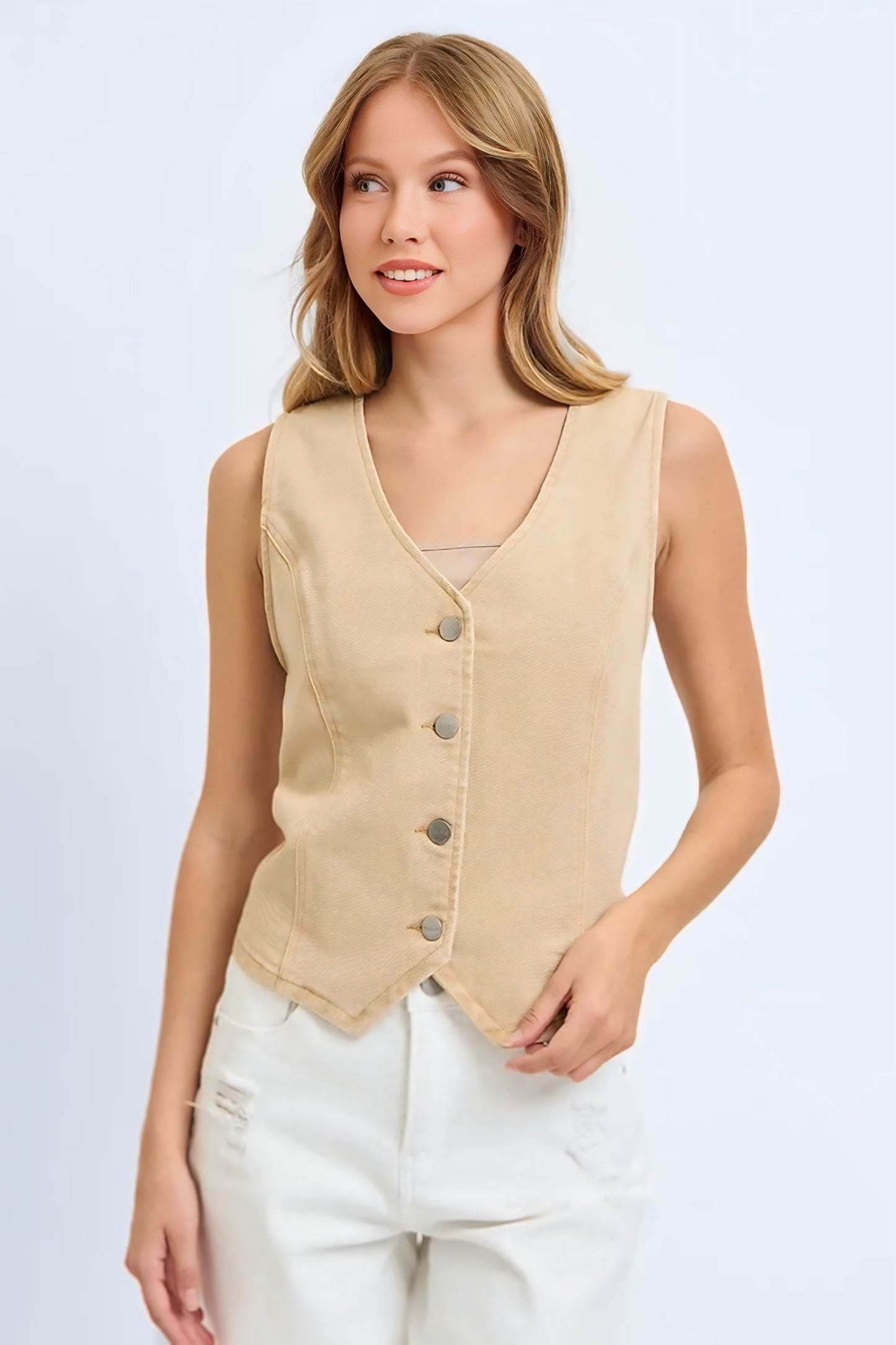 V Neck Button Down Vest - Latte