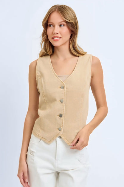 V Neck Button Down Vest - Latte