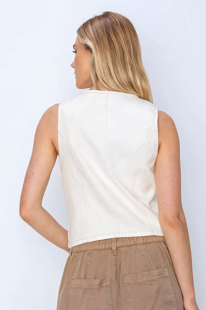 V Neck Button Down Vest - White