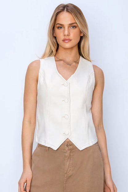 V Neck Button Down Vest - White