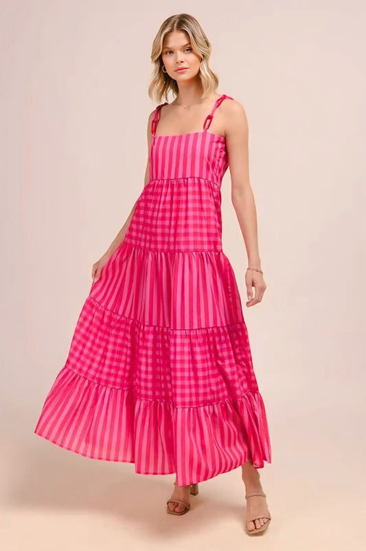 Stripe Tiered Maxi Dress with Colorful Chain Strap