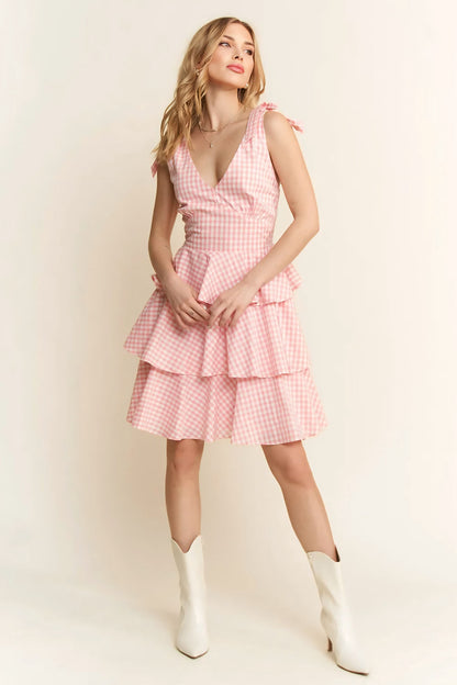 Pink Gingham Tiered Mini Dress