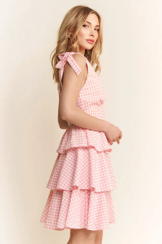Pink Gingham Tiered Mini Dress