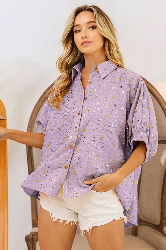 Colorful Sequin Striped Short Sleeve Blouse