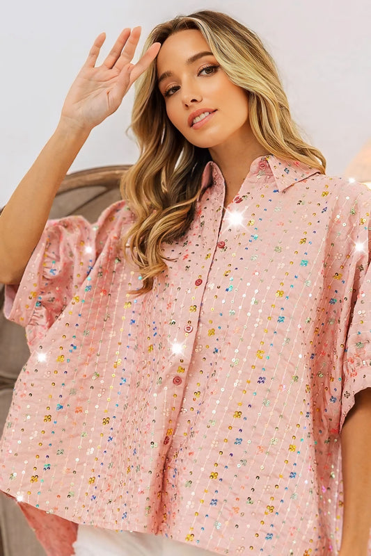 Colorful Sequin Striped Short Sleeve Blouse