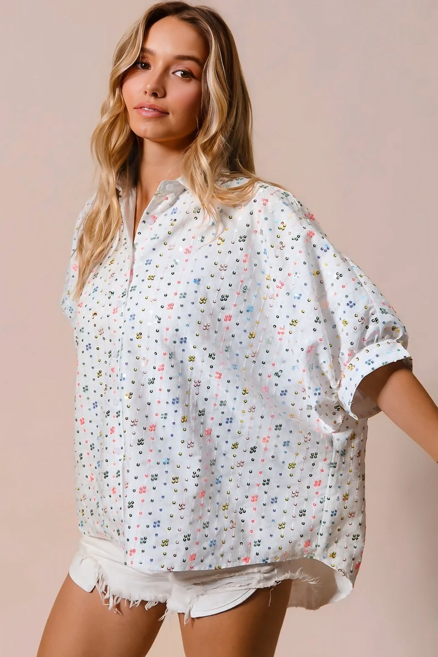 Colorful Sequin Striped Short Sleeve Blouse