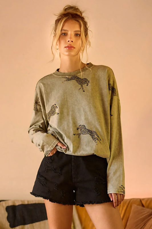Mineral Wash Cheetah Print Long Sleeve Top